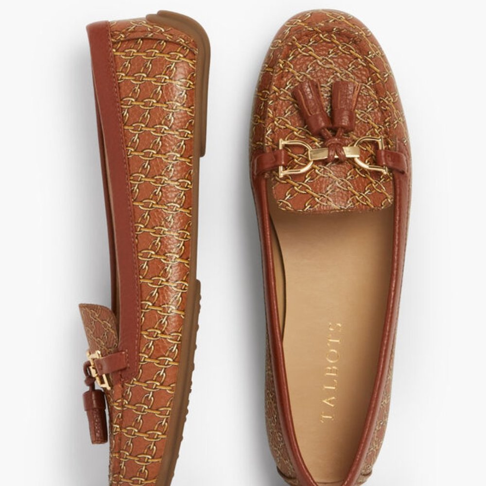 Talbots 9 M EVERSON TASSELED PEBBLED LEATHER DRIVING MOCCASINS - CHAINLINK